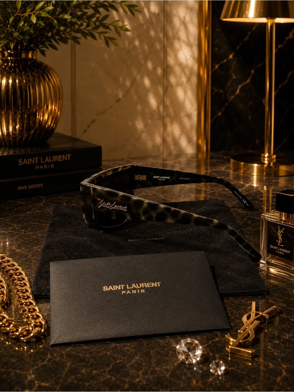 Saint Laurent Tortoiseshell Rectangular Sunglasses in Brown/Black
